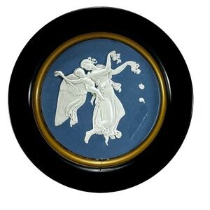 Vintage Sunshine Biscuits Round Tin Blue Jasperware Style Relief Dancing Figures